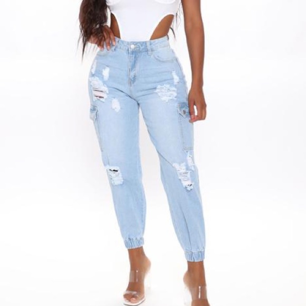 Fashion Nova Distressed Denim Cargo Joggers